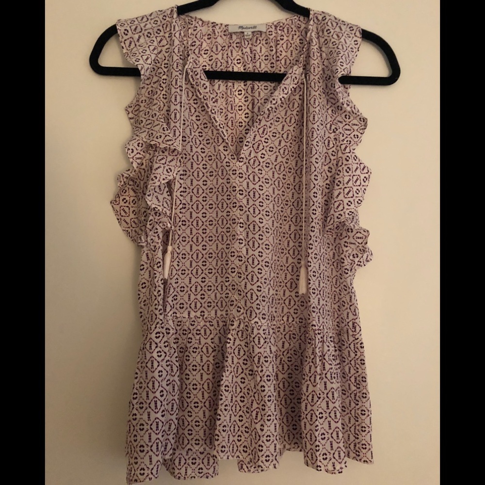 Madewell Printed Peplum-Style Top with Tassels -S